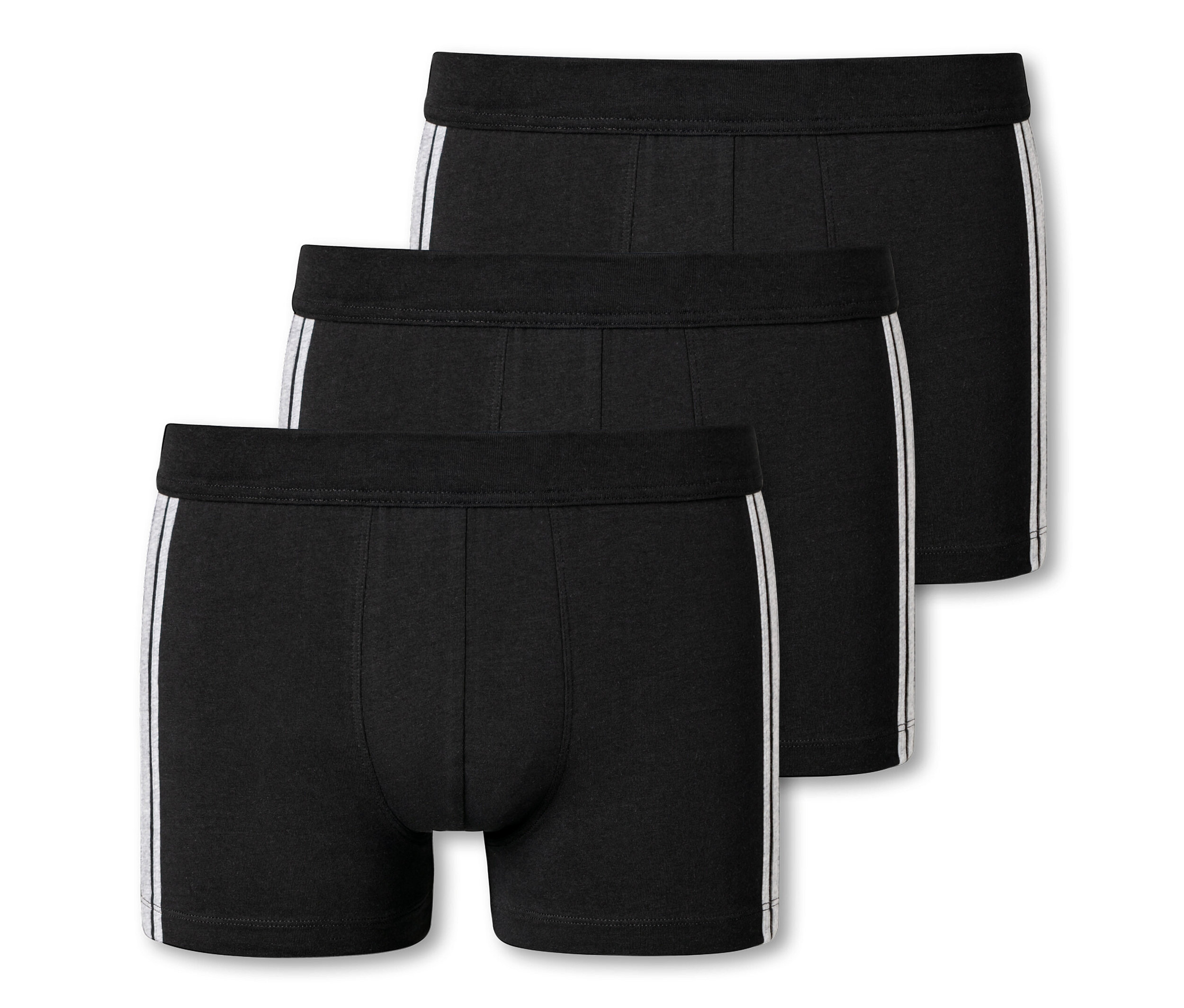 Drei schwarze SCHIESSER Shorts, 3 Stk, mit weißem Streifen an der Seite.