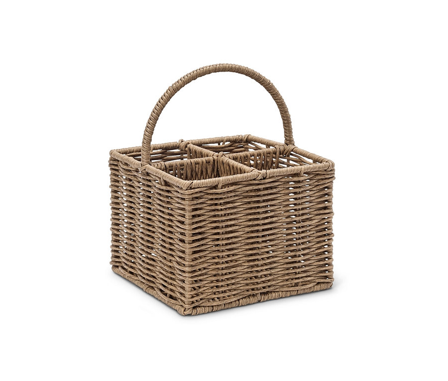 Ein brauner Besteckkorb mit Griff und vier Fächern.