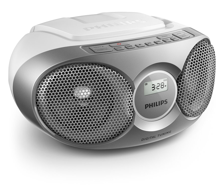 Nahaufnahme eines grauen Philips CD-Boombox »AZ215«.