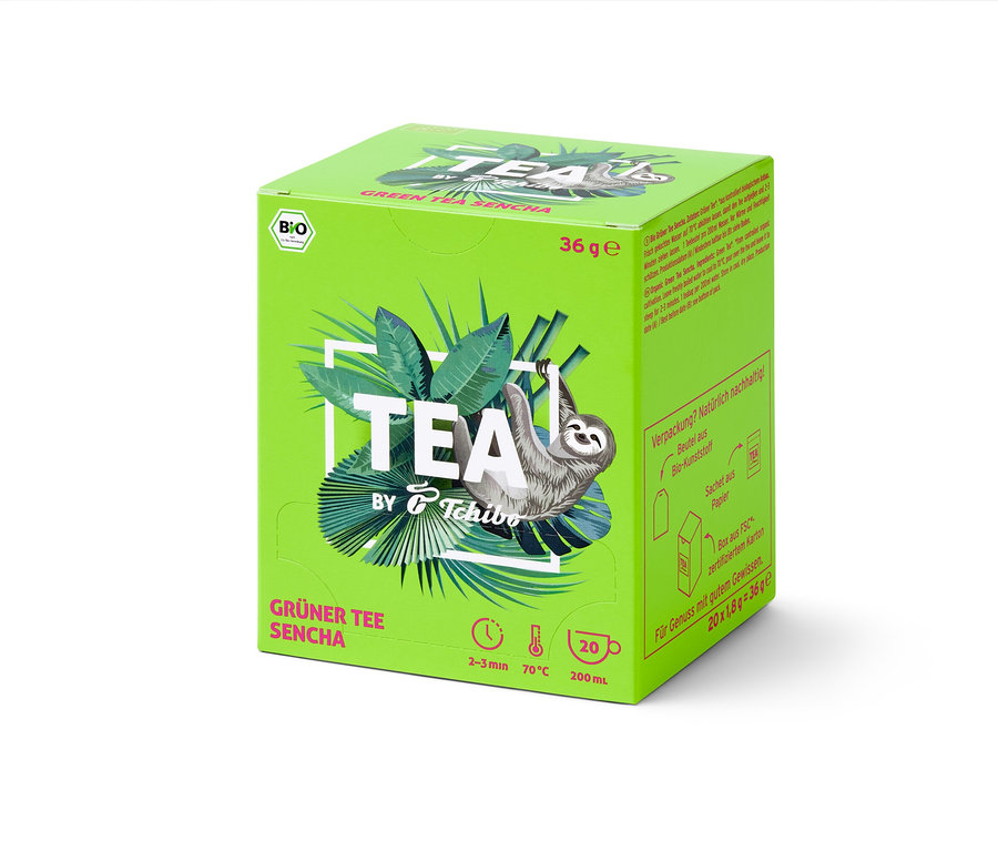 Grüne Packung TEA by Tchibo Bio Grüner Tee Sencha mit Faultier.