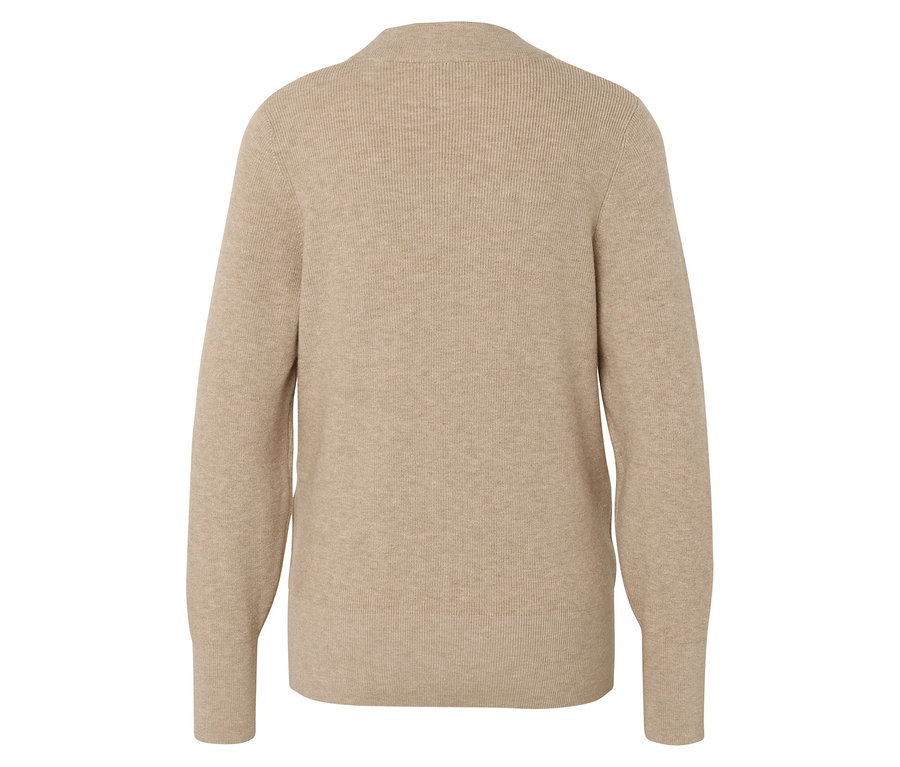 Beige Strickjacke mit langen Ärmeln und V-Ausschnitt.