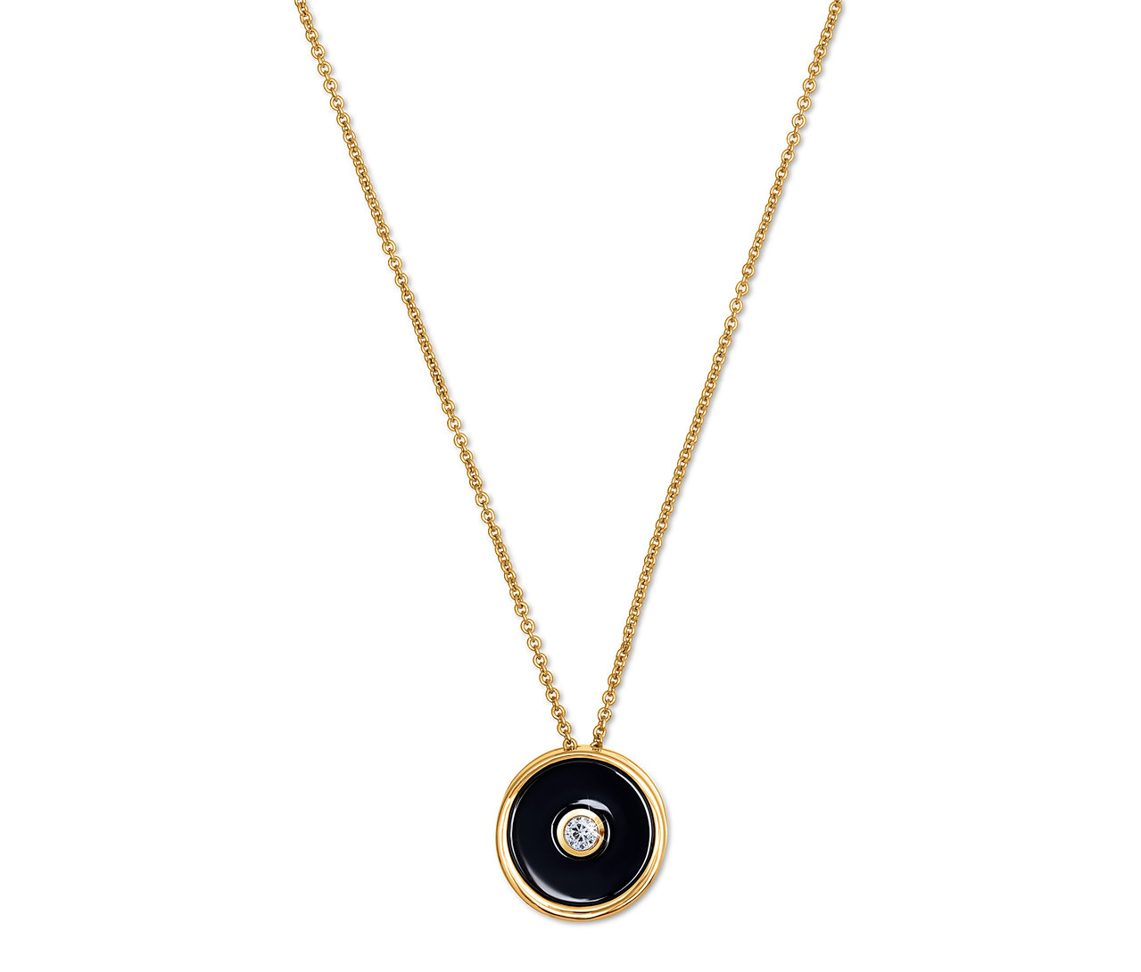 Goldene Halskette mit schwarzem, rundem Anhänger und kleinem Diamanten in der Mitte.