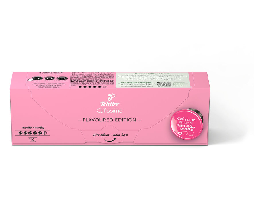 Eine Packung Cafissimo Flavoured Espresso - White Choc & Raspberry - 10 Kapseln.