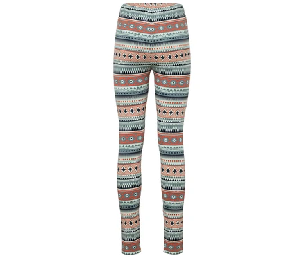 Ganzkörper-Leggings mit geometrischem Muster in Orange-, Blau- und Grautönen.