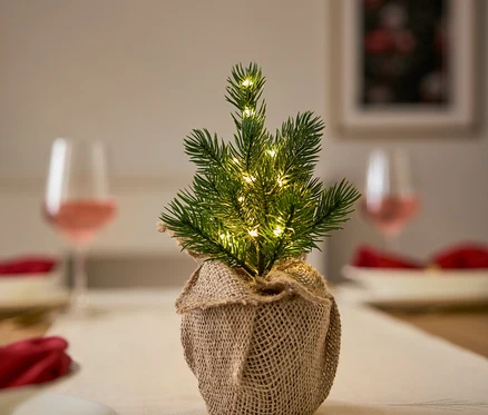 Kleiner Weihnachtsbaum mit Lichtern in Juteverpackung auf einem Tisch mit Gedeck, Tellern und Gläsern.
