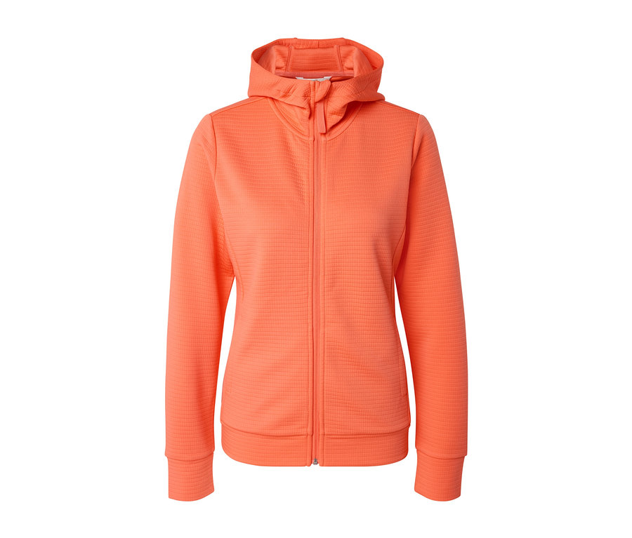 Orange Funktionsjacke mit Kapuze und Reißverschluss.
