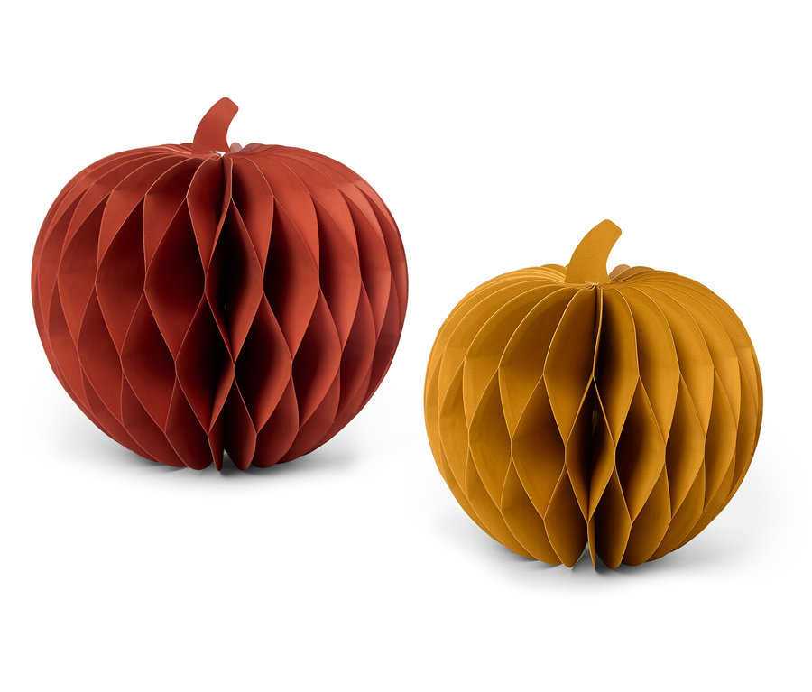 Zwei dekorative Honigwaben-Kürbisse, einer in Rotbraun, der andere in Senfgelb.