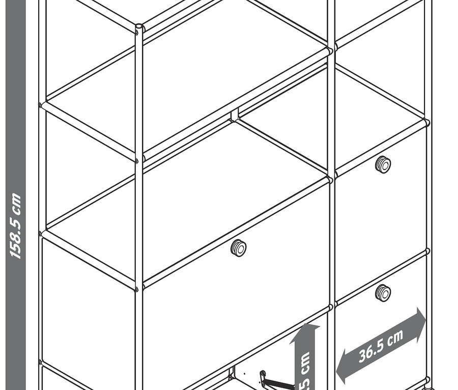 Illustration eines Schranks mit Regalen und Schubladen, mit Bemaßungen.