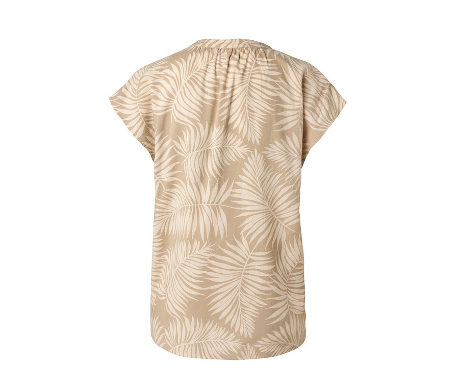 Beige, bedruckte Kurzarmbluse mit Blattmuster.