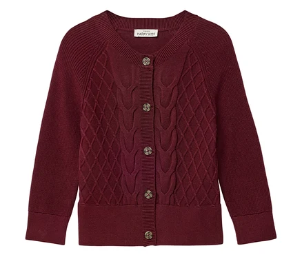 Burgunderrote Kinder-Strickjacke mit Knöpfen.