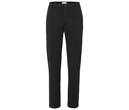 Eine schwarze, gerade geschnittene Hose.