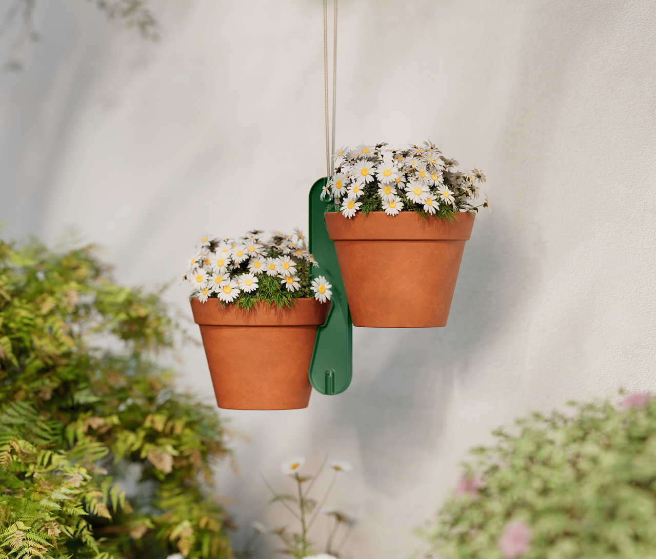 Zwei Terrakotta-Blumentöpfe mit Gänseblümchen hängen an einer grünen Halterung vor einer weißen Wand.
