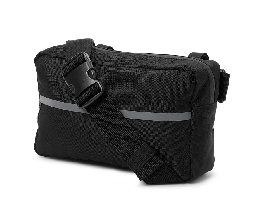 Schwarze 2-in-1-Lenkertasche mit Schultergurt.