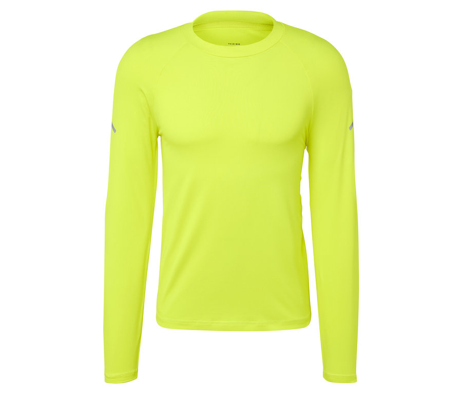 Gelbes Langarmshirt auf weißem Hintergrund.