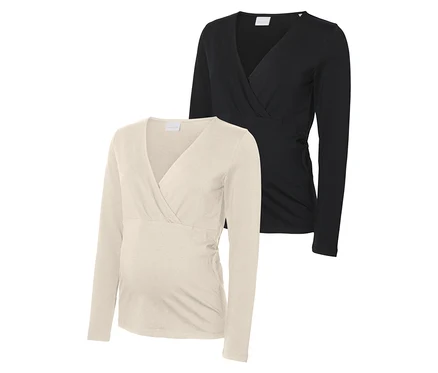 Zwei MAMALICIOUS MLKERRIE TESS LS JRS TOP 2-P NOOS, eines in Beige und eines in Schwarz.