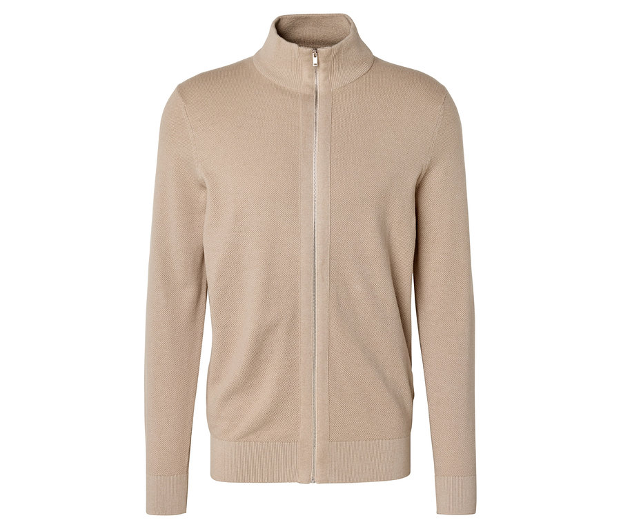 Beige Strickjacke mit durchgehendem Reißverschluss und Stehkragen.