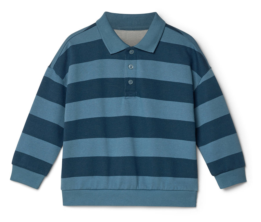 Gestreiftes, blaues Langarmshirt mit Kragen und drei Knöpfen auf weißem Hintergrund.