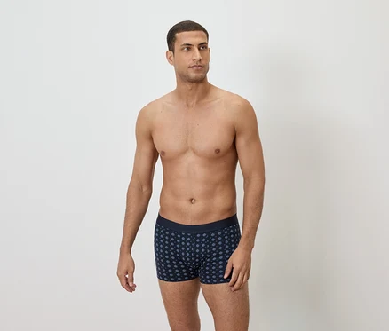 Mann mit freiem Oberkörper trägt dunkelblaue Boxershorts mit Punktmuster.