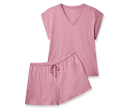Rosa Shorty-Pyjama-Set, bestehend aus einem kurzärmeligen V-Ausschnitt-Oberteil und Shorts mit Kordelzug.
