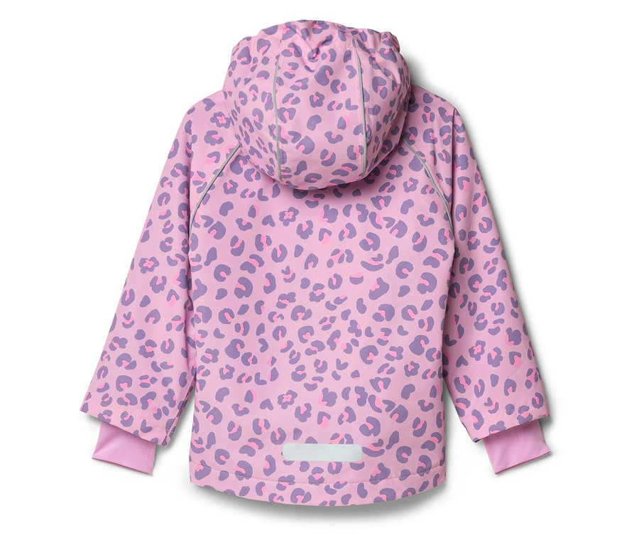 Rückansicht einer hellrosa Kinderjacke mit Kapuze und lila Leopardenmuster.