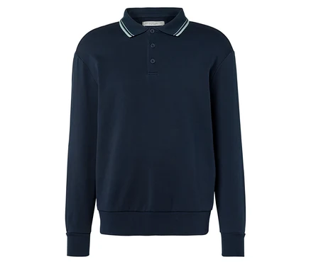 Marineblaues Langarm-Poloshirt mit drei Knöpfen und hellgrünem Kragen.