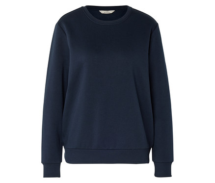 Dunkelblaues Sweatshirt mit Rundhalsausschnitt, langen Ärmeln und gerippten Bündchen.