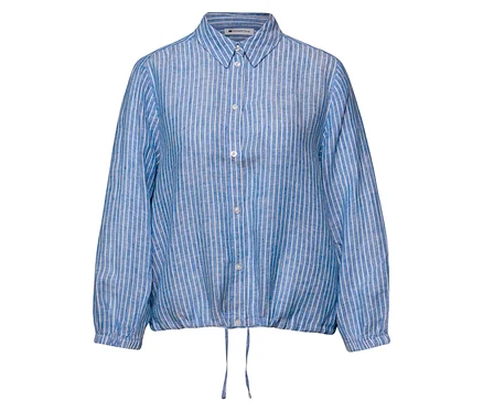 Blau-weiß gestreifte, langärmelige Bluse mit Knöpfen und Kordelzug am Saum.