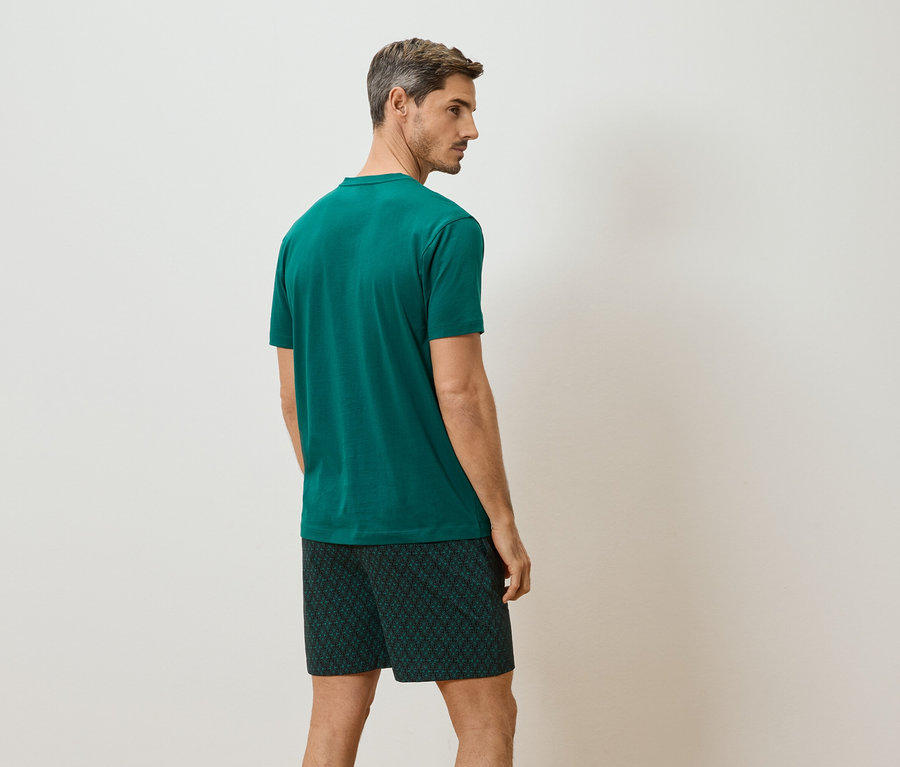 Ein Mann steht mit dem Rücken zur Kamera, er trägt ein grünes T-Shirt und kurze, gemusterte Hosen.
