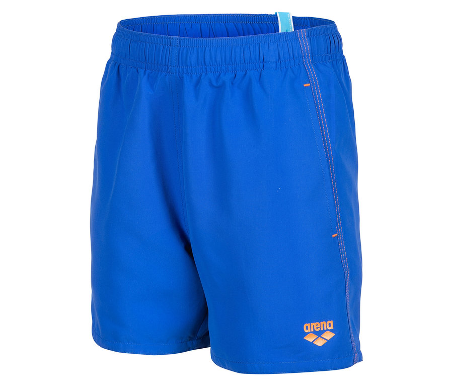 Blaue Badehose mit orangefarbenem Arena-Logo.