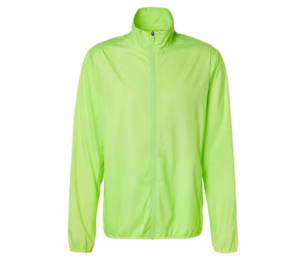 Neongrüne, lange Windjacke mit durchgehendem Reißverschluss und Stehkragen.