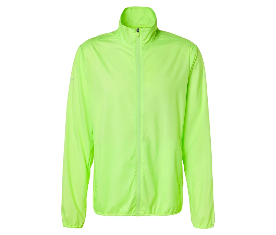 Neongrüne, lange Windjacke mit durchgehendem Reißverschluss und Stehkragen.