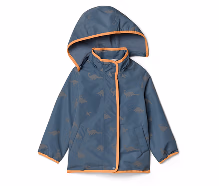 Blau-graue Kinderjacke mit Kapuze und Dinosaurier-Muster, orangefarbene Kanten.