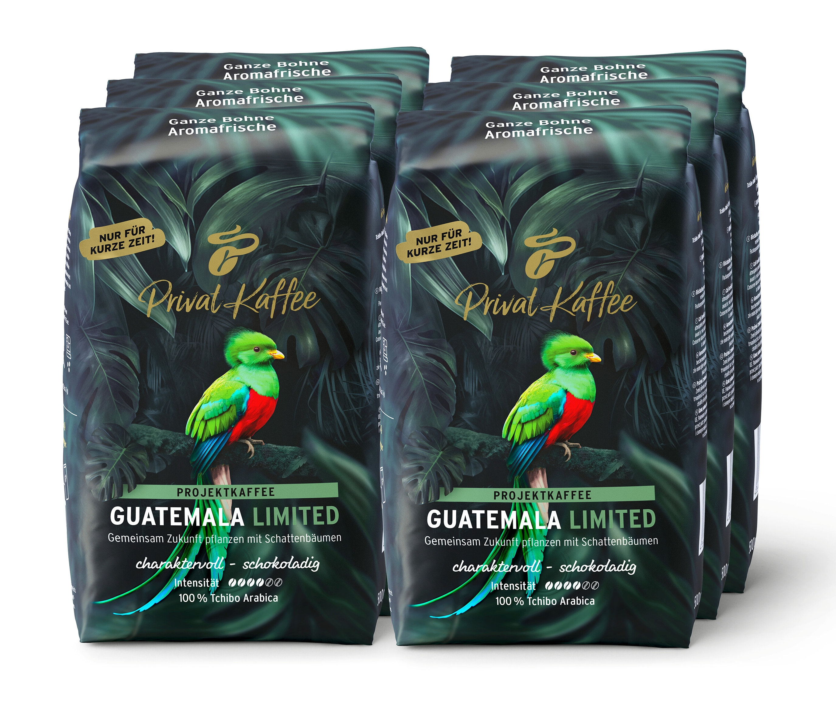 Mehrere Packungen Privat Kaffee Guatemala Limited Kaffeebohnen stehen nebeneinander.