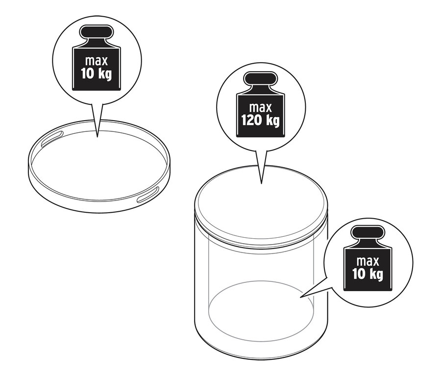 Illustration eines Beistelltisches mit Tablett und Sitzfunktion mit Gewichtsangaben.