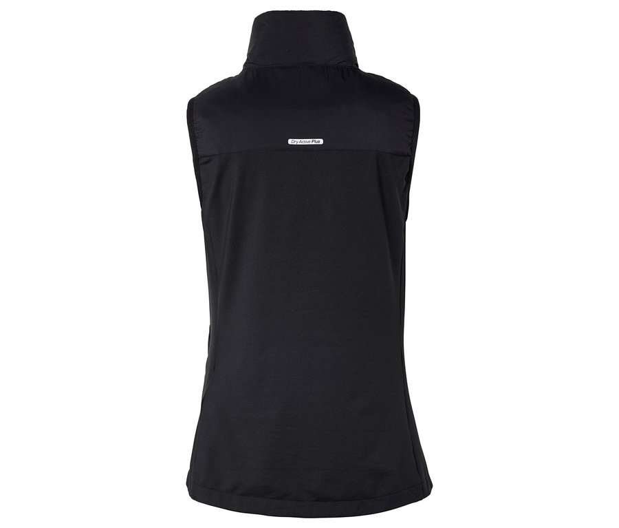 Schwarze ärmellose Weste mit hohem Kragen und Reißverschluss.