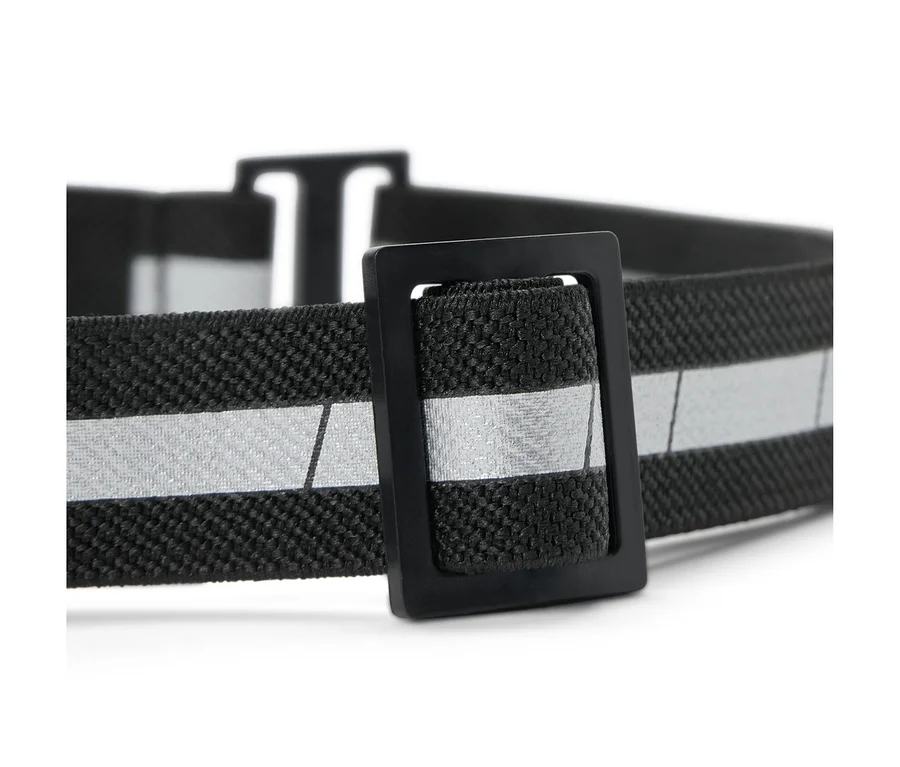 Detailaufnahme einer kompakten Stirnlampe mit einem schwarzen Gummiband und einem silbernen Reflexstreifen.