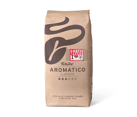 Braune Packung Tchibo Aromatico Classico 1 kg Ganze Bohne mit Gratis Tattoo Sticker.