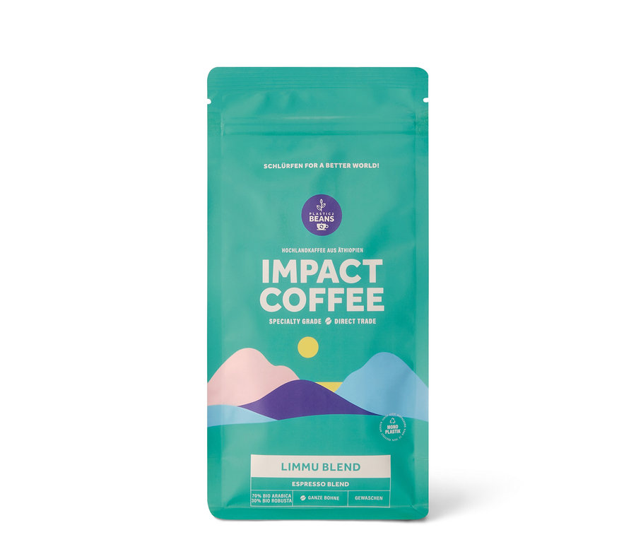 Packung Impact Coffee Limmu Blend Omni-Roast Bio - 250 g Ganze Bohne.