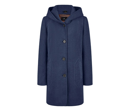 Blauer Barbara Lebek Wollmantel mit Kapuze, Knopfleiste und Taschen.