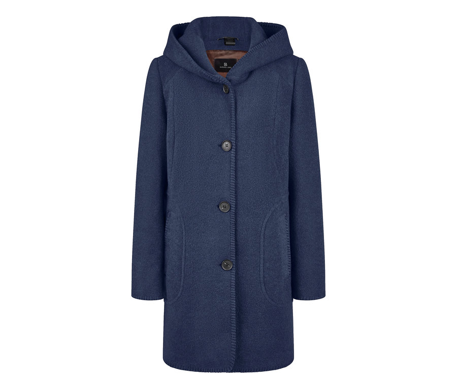Blauer Barbara Lebek Wollmantel mit Kapuze, Knopfleiste und Taschen.