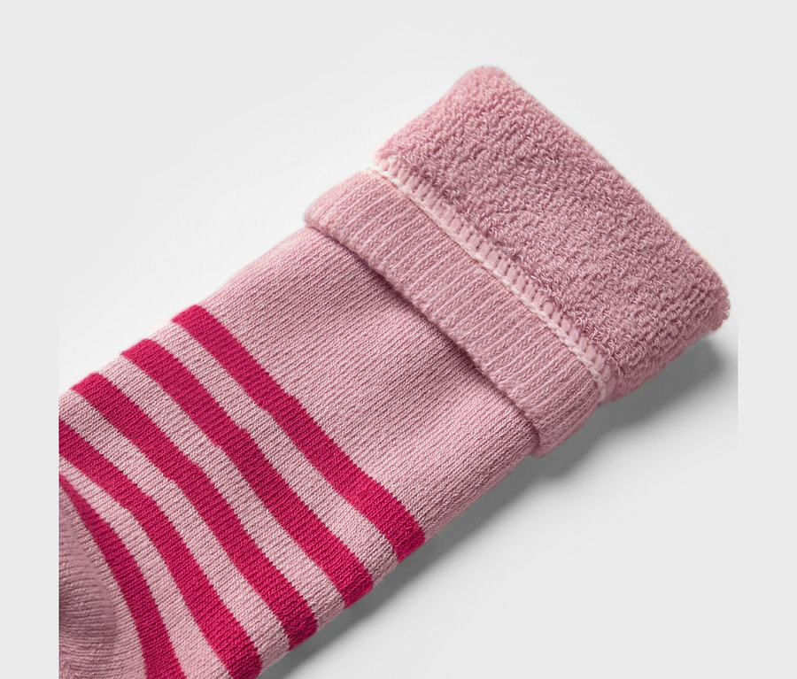 Detailaufnahme einer Kinder-Gummistiefel-Socke (2 Paar, geblümt). Die Socke ist rosa mit roten Streifen und hat einen umgeschlagenen Rand.