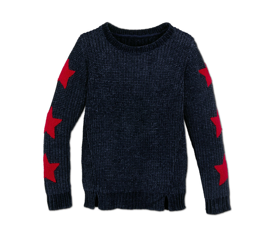 Marineblauer Chenillepullover mit roten Sternen auf den Ärmeln.