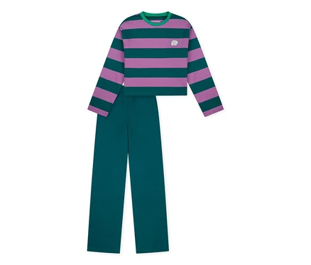 SCHIESSER Kinder-Pyjama: Gestreiftes Oberteil in Lila und Petrol mit kleinem Aufnäher, dazu passende petrolfarbene Hose.