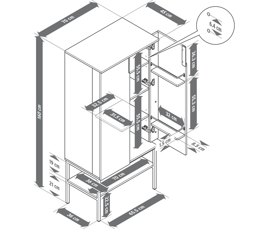 Technische Zeichnung eines Buffetschranks mit 2 Türen, der 160 cm hoch, 70 cm breit und 45 cm tief ist. Eine Tür ist geöffnet und zeigt Innenfächer und Regale mit Maßen.