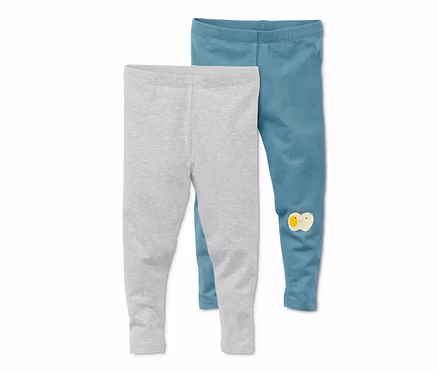 Zwei Leggings: eine graue und eine blaugrüne mit Apfel-Applikation.