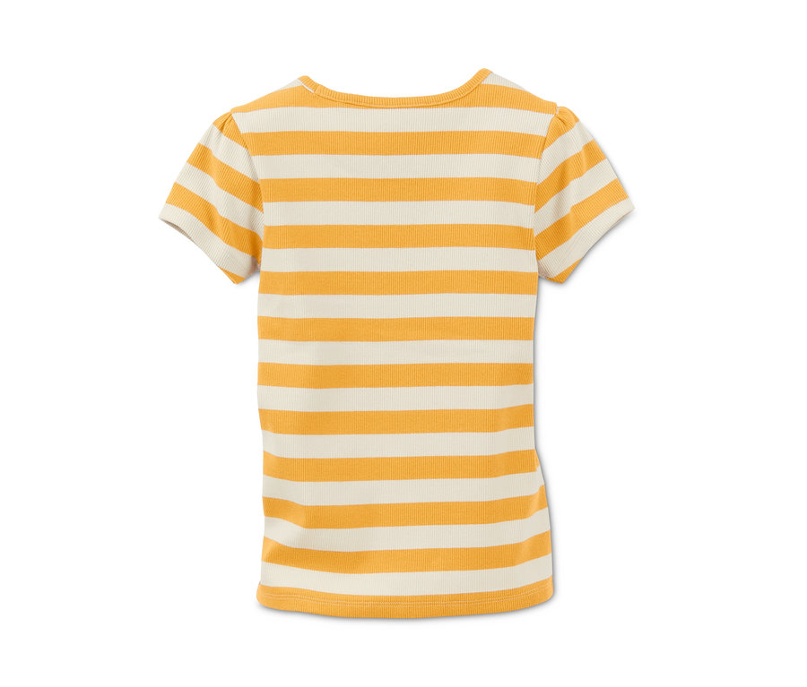 Rückansicht eines gelb und cremefarben gestreiften Rippenshirts.