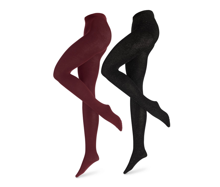 Zwei Paar Strumpfhosen: ein Paar bordeauxrot und ein Paar schwarz.