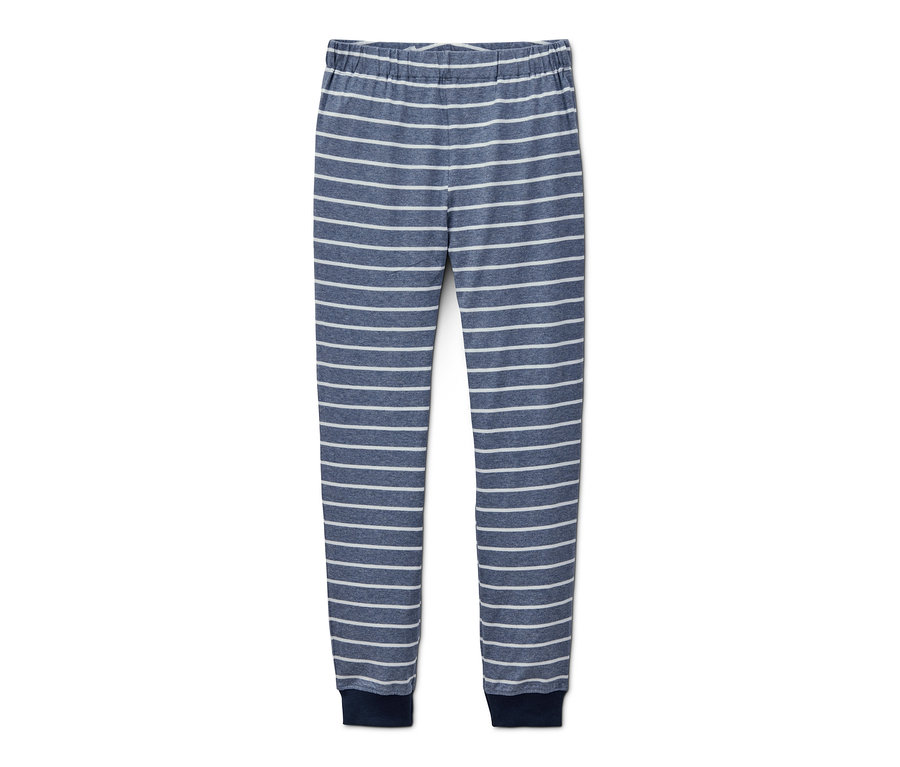 Eine Kinder-Pyjamahose mit blau-weißen horizontalen Streifen.