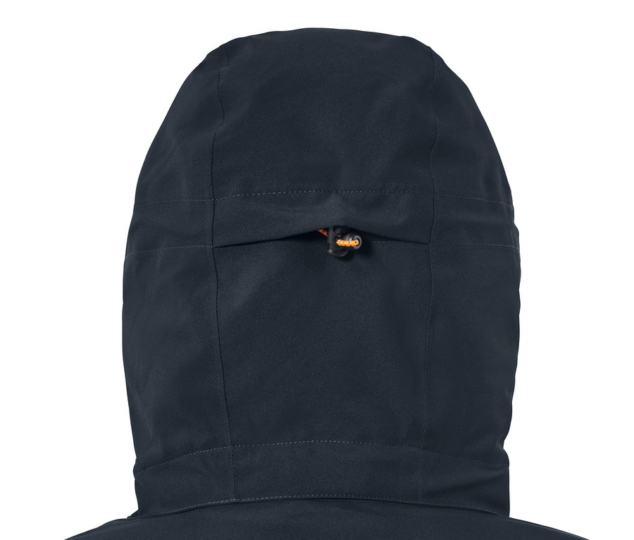 Detailansicht der Kapuze einer blauen Skijacke.