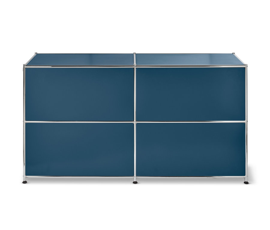 Blaues Sideboard Metall »CN3« mit versetzbaren Klappenfächern.